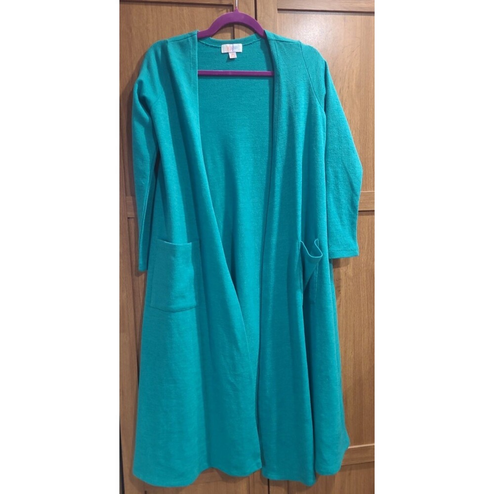 LuLaRoe Sarah Long Cardigan XS Teal Green Open Front Duster Knit Pockets NWT